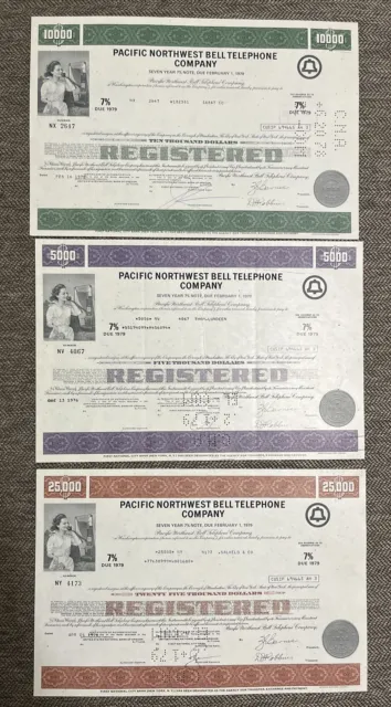 Pacific Northwest Bell Telephone 1970s Stock/Bond Certificates - Three DIFFERENT