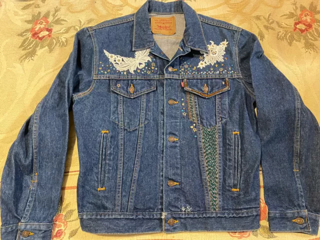 Levi Blue Denim Jacket With Beads Embroidery Rhinestones Metal Embellishments