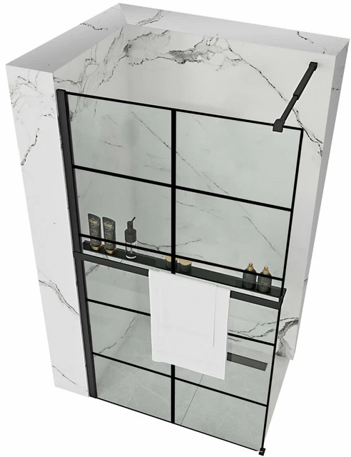 Paroi De Douche Bler-1 + Etagere Evo Black 70-120Cm Black Noir Wall Walk-In Rea
