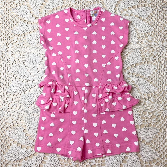 Vintage 1990s Kids Classics Girls 4 Years Pink Hearts Ruffle Shorts Romper