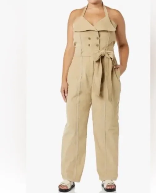 Making The Cut Womens Corduroy Sleeveless V Neck Halter Jumpsuit Tan Size XXL