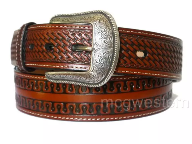 3D Western Mens Belt Leather Tooled Basketweave Tan D3901 SIZE 38