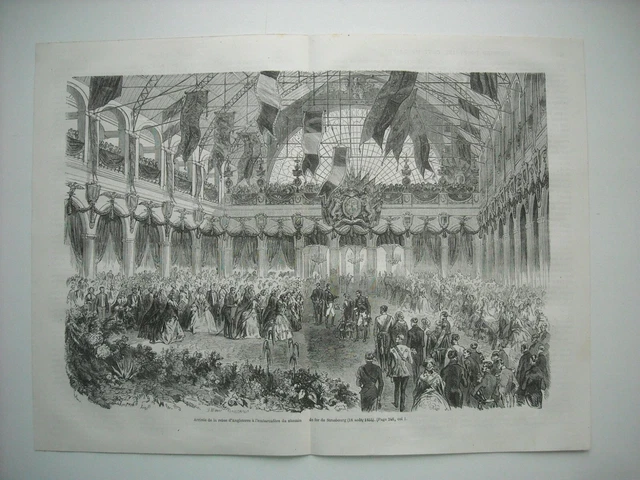 Gravure 1864. Arrivee Reine D’angleterre A Embarcadere Chemin De Fer Strasbourg.