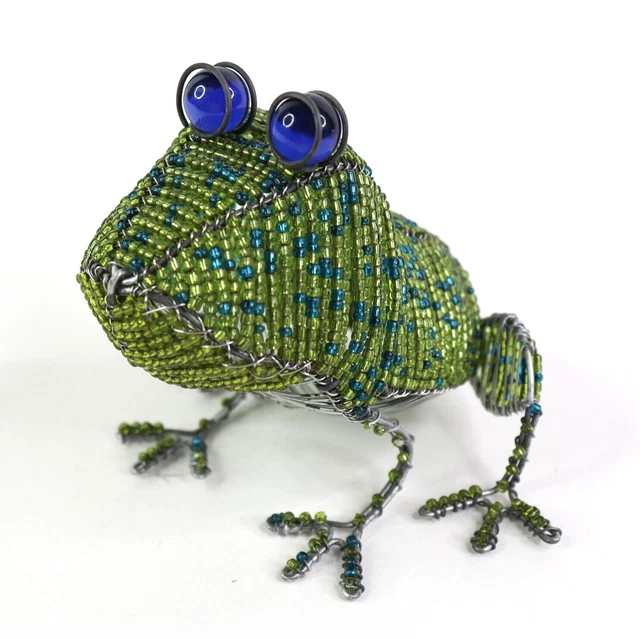 Grassroots Beadwork Green Wire Frog Figurine Sculpture Glass Beads Art Handmade