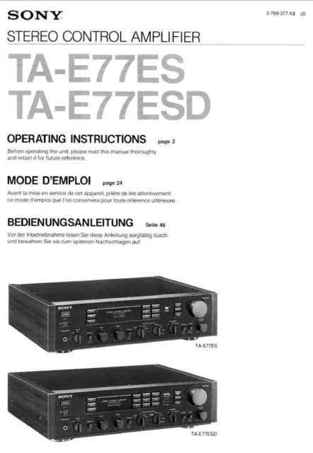 SONY Preamplifier TA-E77ES / TA-E77ESD  user / owner's Manual