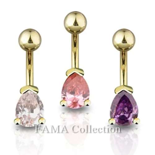 Fancy FAMA 14kt Gold Plated Navel Belly Ring with Tear Drop CZ