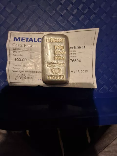 Metalor 100 Gram .999 Fine Silver, 100 Gram Bullion Bar
