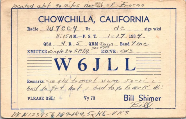 1934 W6JLL Chowchilla California Ham Radio Amateur QSL Card Postcard Vtg