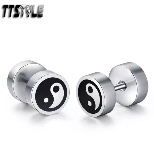 TTstyle 8mm Silver/Black Surgical Steel Ying&Yang Fake Ear Plug Earrings NEW