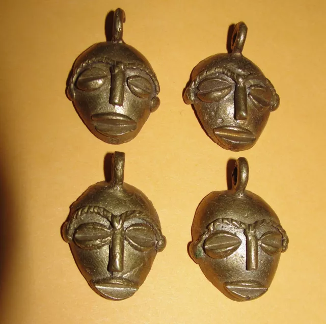 4 African Bronze Jewelry Pendant Amulet Necklace Mask Baule Dogon Ashanti Tag