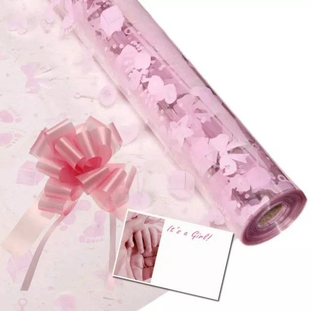 5m x Baby Girl Cellophane Gift Wrap Baby Shower FREE Pink Pull Bow Ribbon & Card