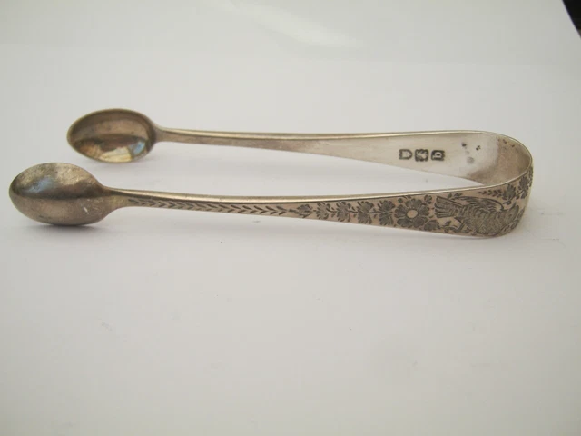 London 1897 Sterling Silver Aesthetic Movement Sugar Tongs With Bird Engraving