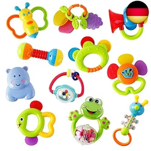 WISHTIME Rassel Beißring Set Baby Spielzeug ab 0 3 6 9 Monate 11 PCS Shaker