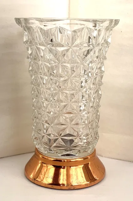 Vintage MCM Diamond Pattern Hexagonal Glass Vase. 9.5" Copper Foot French 1970s