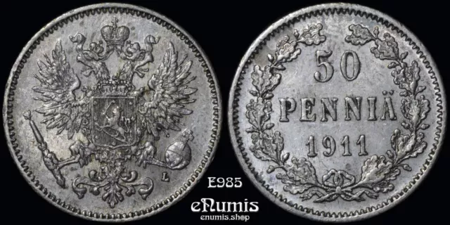 RUSSIA, FINLAND, Nicholas II, 50 Pennia 1911 L, XF-UNC