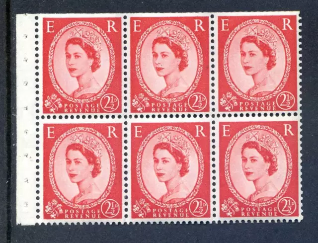 GB QE2 2 1/2d Carmine Red Booklet Pane 6 Unmounted Mint SGSB81