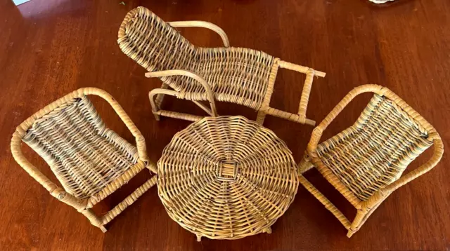 Vintage 2-Tone Wicker Cane Doll Furniture - 4 Piece Setting Lounger Table Chairs