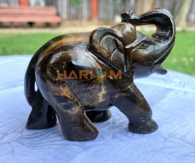 Tiger Eye Natural Gemstone Trunk Up Elephant Figurine Handmade Good Luck Gift