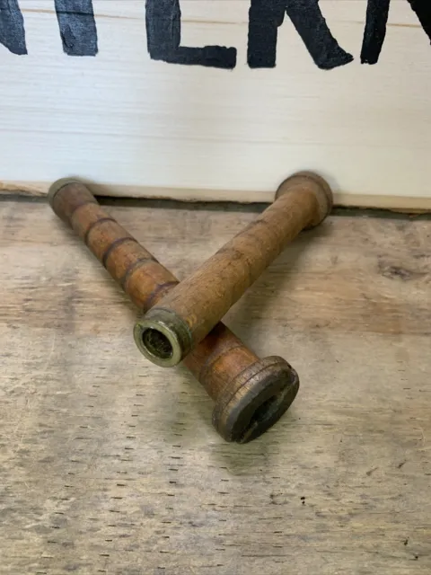 2 Antique Wooden Thread Bobbin Spools With Brass Ends Spindles-Great Condition