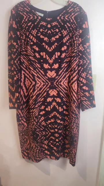 Maggy London Tie Dye Print Crepe Midi Sheath Dress In Coral/ Navy Size 16