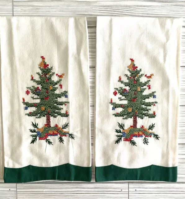 Christmas Tree Hand Towels Lillian Vernon set/2 Cross Stitch Guest Linens Vtg