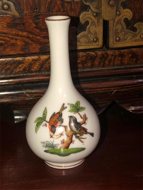 Vtg Herend Hand Painted Porcelain Blue Bird Butterfly Robin Bud Vase Signed 3.5"