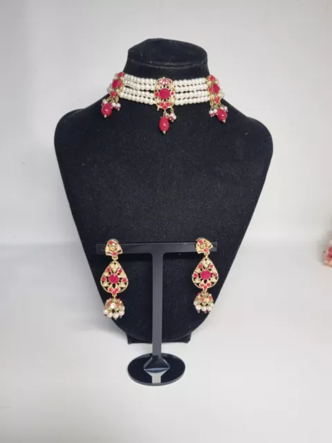 Indian Pakistani Pearl And Gold Hydrabadi Choker Set With red stones