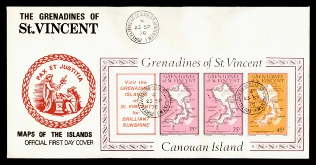 DR WHO 1976 ST VINCENT FDC ISLAND MAPAS S/S CANOUAN k01400