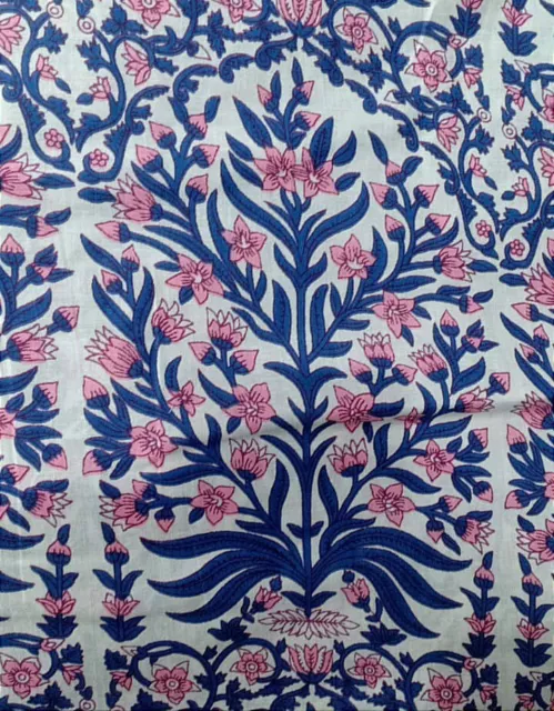 Pure Cotton 5 Yard Pink Floral Print Indian Fabric Running Hand Block Printed.