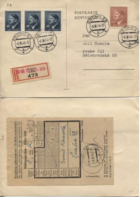 Böhmen und Mähren provisorischer Einschreibezettel Brünn28/Lösch 6.3.44