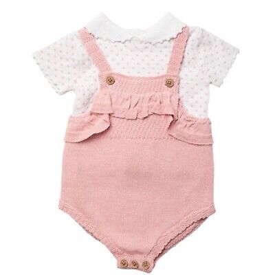 Baby Girls 2 piece Romper outfit - 0 - 9 mths - Cotton Top & Dungarees