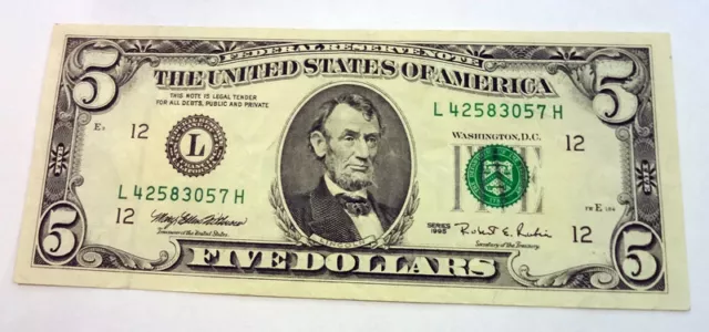 1995 $5 Five Dollar Bill L San Francisco Small Sized Lincoln FRN Circulated