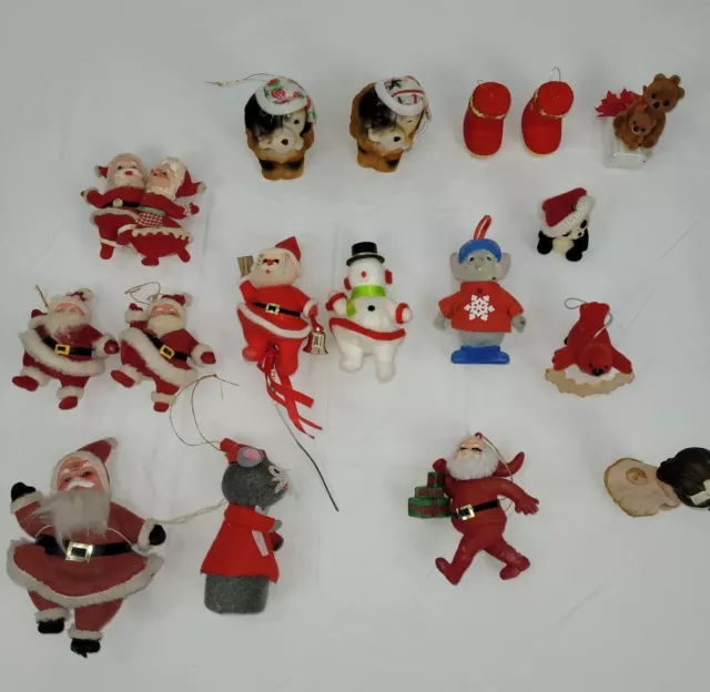 Vintage Flocked Christmas Ornaments Lot of 17 Santas, Dogs, Angel, & More