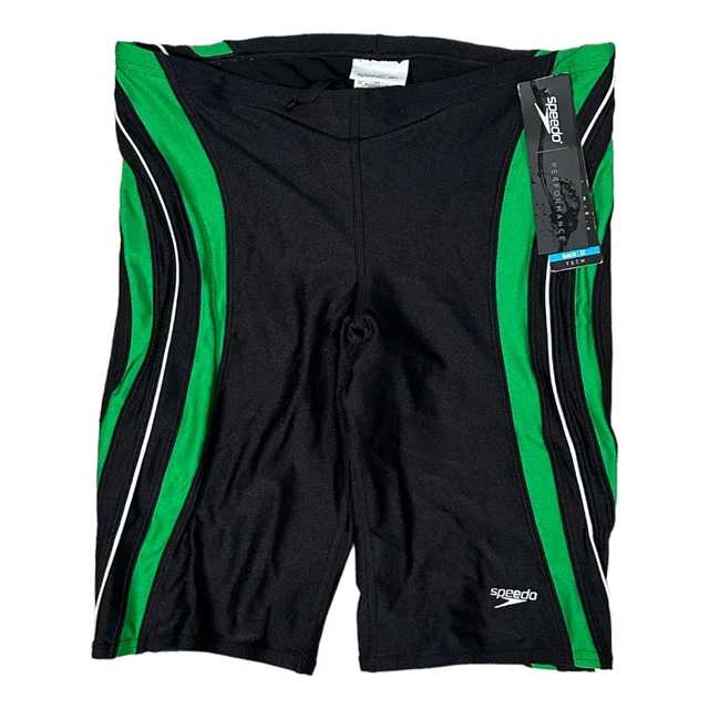 Speedo Mens Race II Swim Trunks Black Green Stretch Competition Performance 34