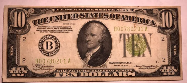 1934 $10 Federal Reserve Note New York. FR2004B. Crisp XF-AU. #nu124