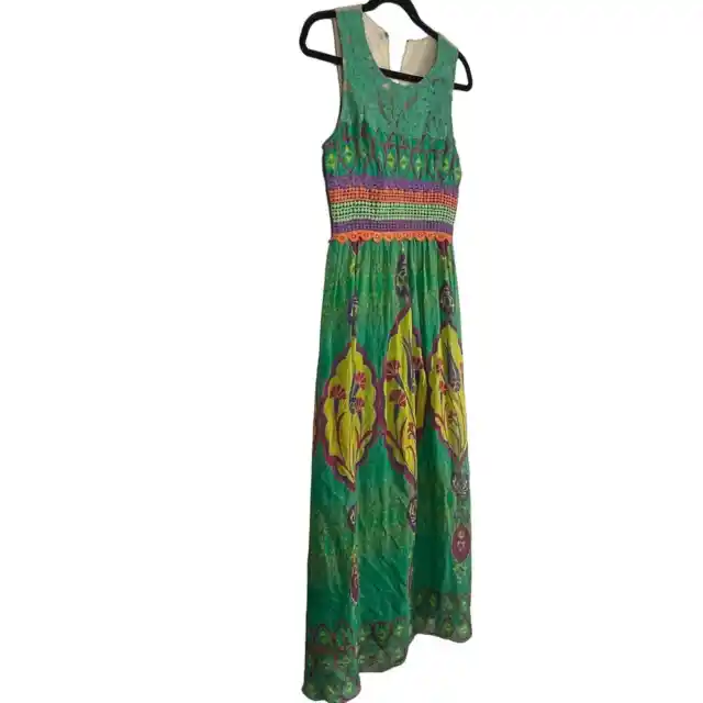 Hemant & Nandita Mintzita Green Silk Maxi Dress Anthropologie Boho Embroidered