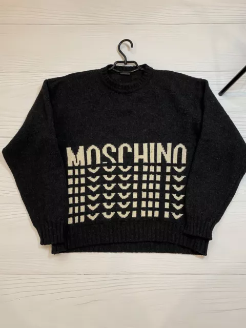 Vintage Moschino Big Logo Wool Sweater Made In Italy Small Dark Grey Color Rare