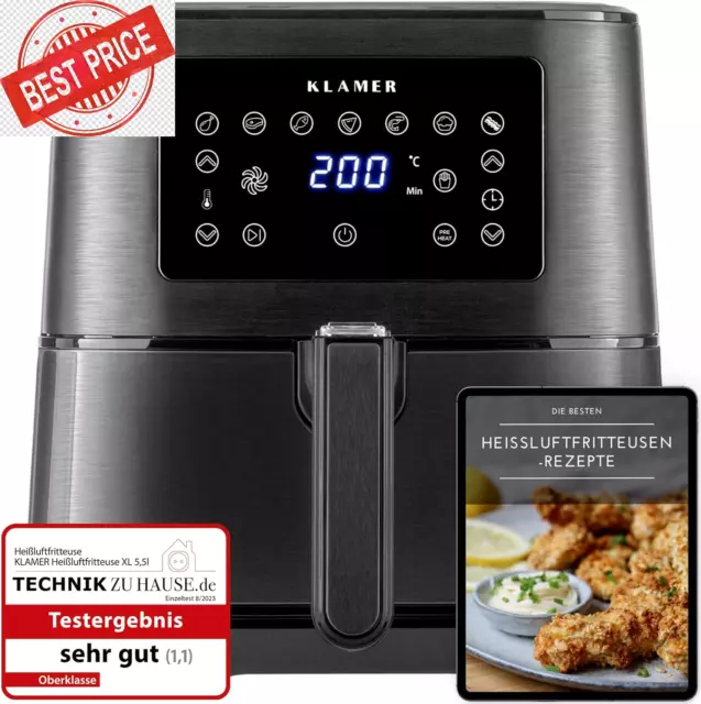 KLAMER Heißluftfritteuse 5,5L XXL, Ölfreie Friteuse, 1700W Airfryer Mit Led-Touc