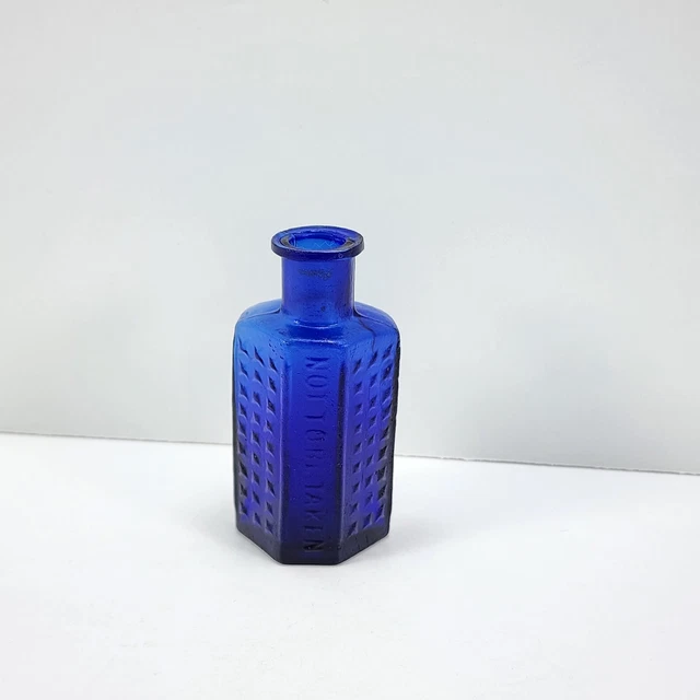 Cobalt Blue Not To Be Taken Poison Bottle 6 Sided Flat Back 07 on base 2.5 in