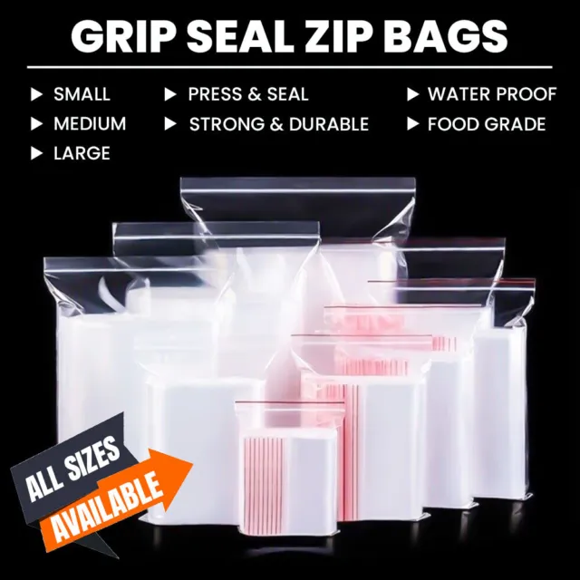200 x Grip Seal Bags Heavy Duty Reusable Clear Plastic Zip Bag Self Resealable