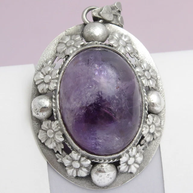 Vtg Antique Arts & Crafts 2" LARGE Natural Amethyst 800 Silver Leaf Pendant