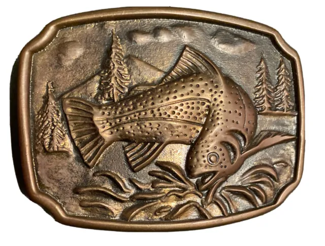VINTAGE BTS SOLID BRASS TROUT FISH BELT BUCKLE - Made In USA - 1978