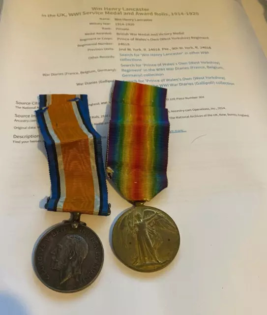 WW1 World War 1 Medal Pair - 24018 William H Lancaster - WEST YORKSHIRE REGIMENT