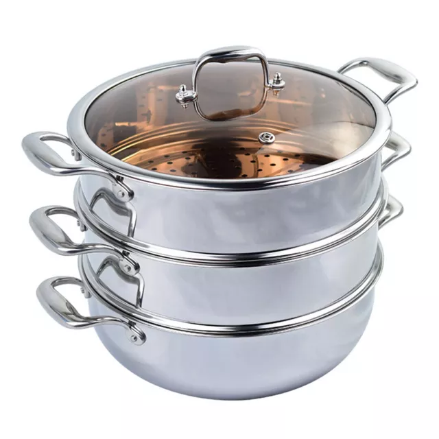 SOGA 3 Tier 26cm Stainless Steel Food Steamer Pot Pasta Insert Pan w/ Glass Lid