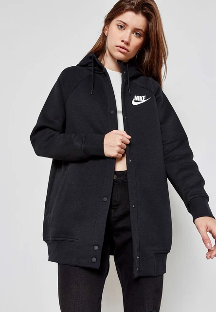 Nike Women's Rally Varsity Fleece Hoodie Bomber Jacket Black Size Large