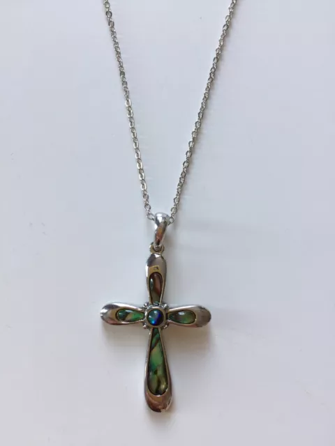 Cross Design Necklace Paua Abalone Shell Pendant Fashion Jewellery 18" Chain