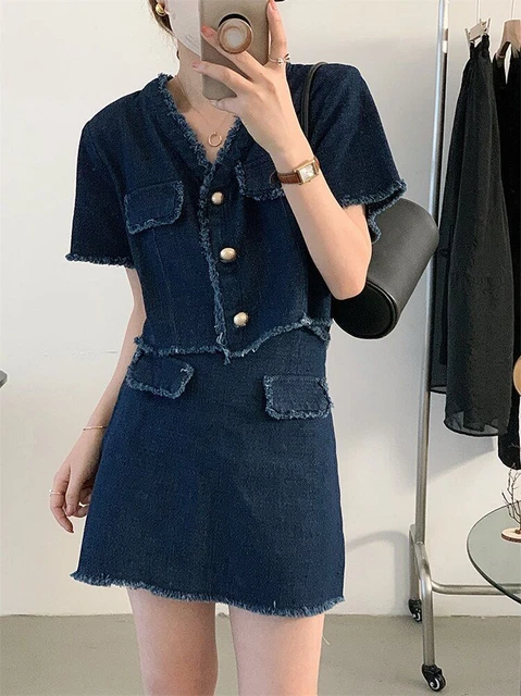 Monopetto Top Vita Alta Aderente Mini Gonna Stile Coreano Jeans Due Pezzi