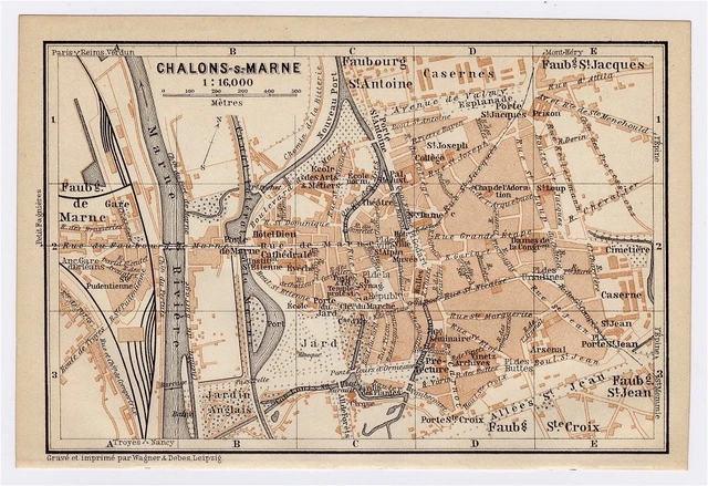 1905 Antique City Map Of Chalons-Sur-Marne Chalons-Sur-Champagne France