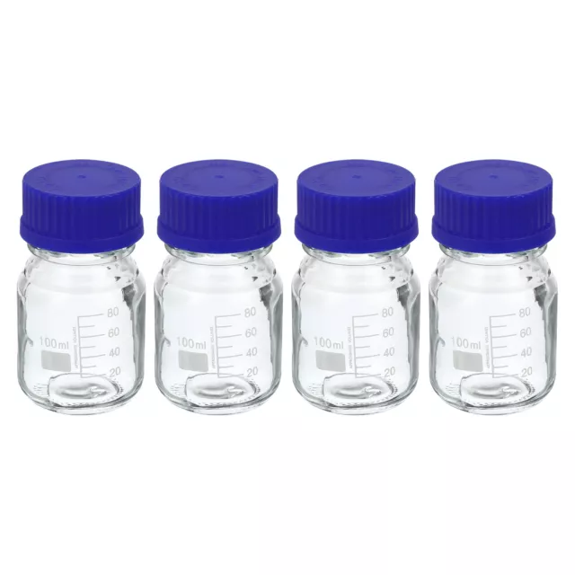 100mL Clear Reagent Media Graduated Glass Storage Bottle Blue Cap 4Pcs