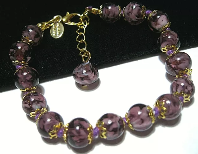 Purple Venetian Italian Murano Glass Speckled Bead Vintage Style BRACELET